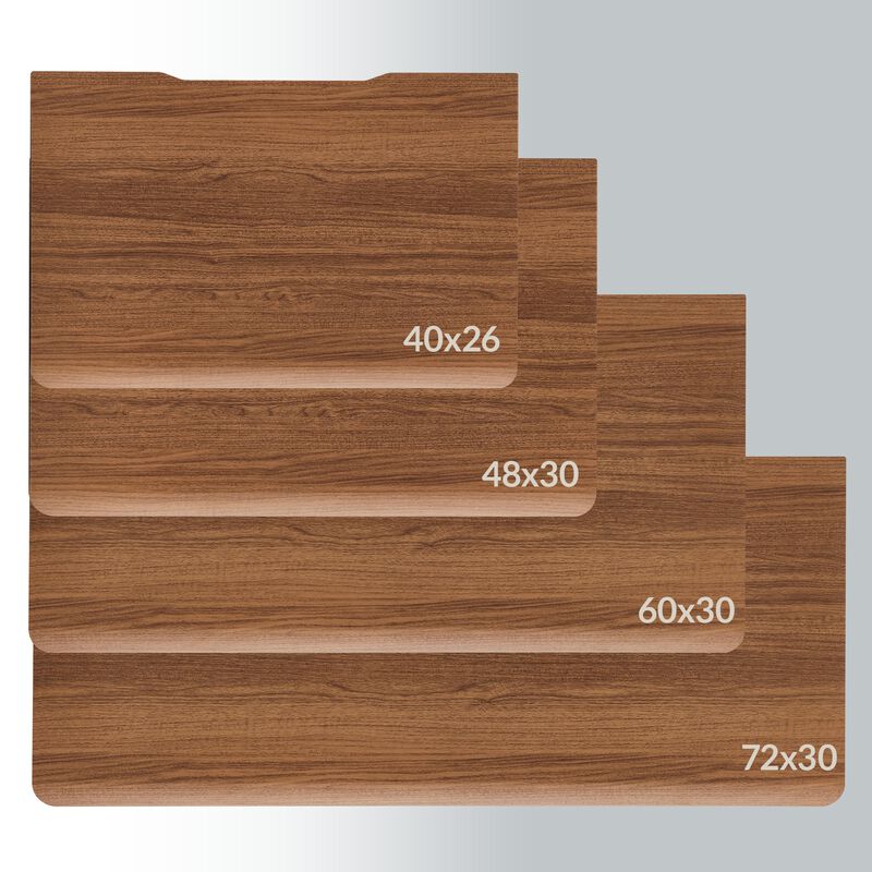 Overhead view of all sizes of Electric Standing Desk with ComfortEdge in Walnut/white image number null